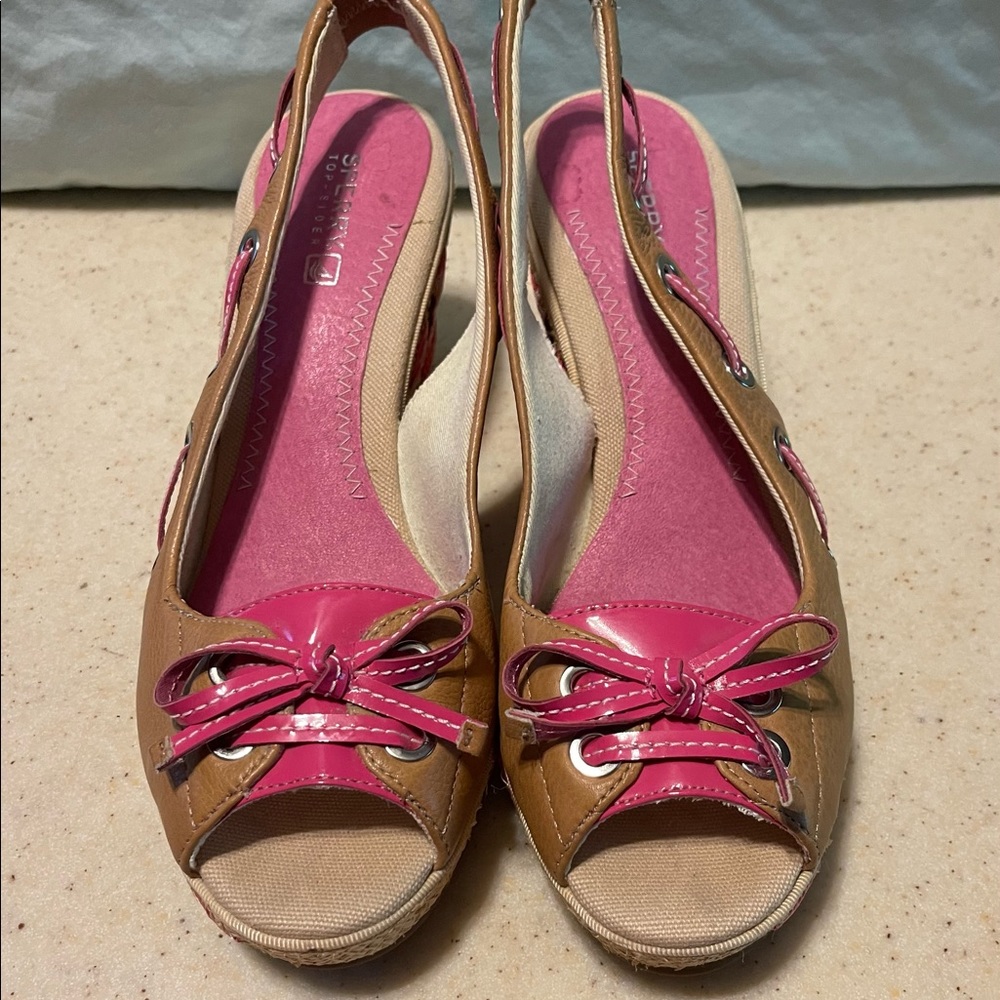 Sperry Tan Leather Pink Floral Slingback Bow Wedge Sandals Women 8M USED